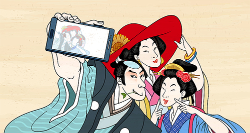 Retro Japanese people taking selfie with smartphone in traditional ukiyo-e style, isolated on yellow background