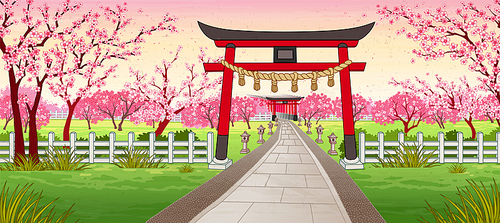 Japan ukiyo-e style cherry blossom garden with traditional Japanese shrine gate, torii