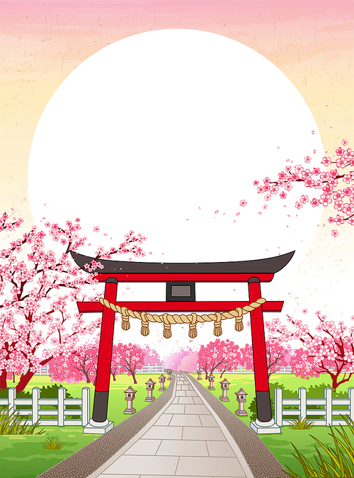 Japan ukiyo-e style cherry blossom garden with traditional Japanese shrine gate guarding the entrance and large sun hanging above as copy space