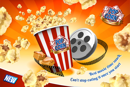 Caramel popcorn with film roll elements and corns flying in the air in 3d illustration, striped orange background