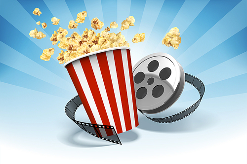 Popcorn with film roll elements in 3d illustration, striped bluebackground