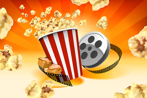 Caramel popcorn with film roll elements and corns flying in the air in 3d illustration, striped orange background