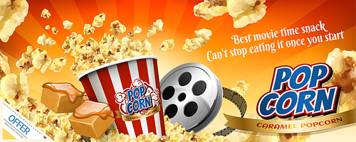 Caramel popcorn banner ads with flying corns in 3d illustration