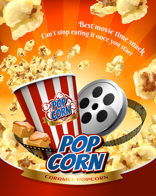 Caramel popcorn poster with flying corns and cinema items in 3d illustration