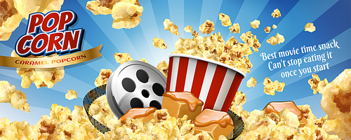 Caramel popcorn banner ads with flying corns and cinema items in 3d illustration