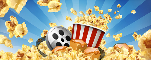 Caramel popcorn banner ads with flying corns and cinema items in 3d illustration