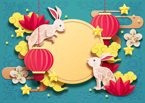 happy 중추절 design with paper art rabbits and red lanterns on turquoise background