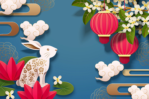 happy 중추절 design with paper art rabbits and red lanterns on blue background