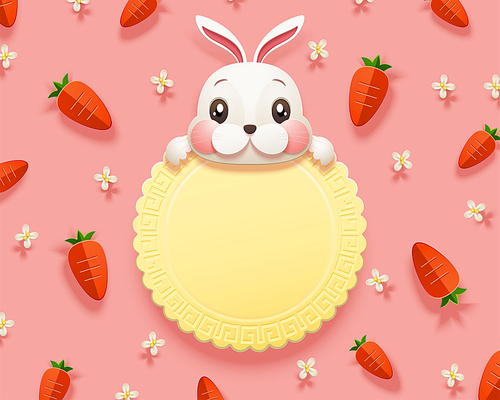 Lovely paper art rabbit and carrot elements on pink background