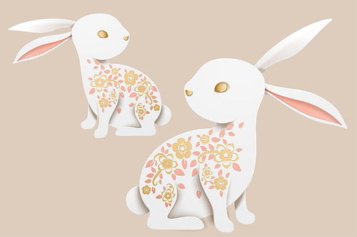 Elegant paper art white rabbit with floral patterns