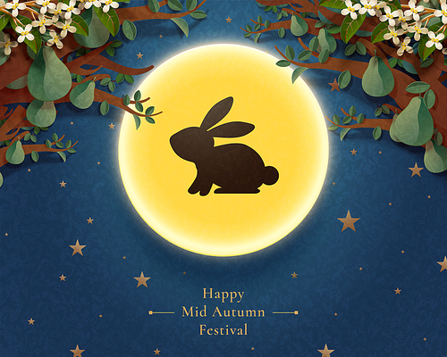 happy 중추절 with rabbit silhouette on the full moon