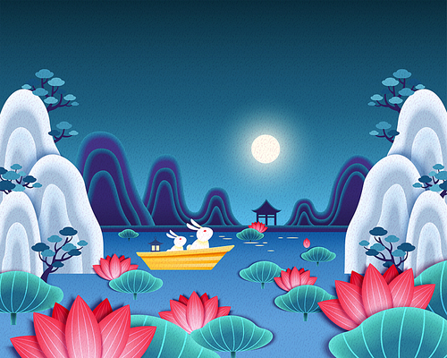 rabbit admiring the full moon in chinese lotus garden, 중추절 illustration