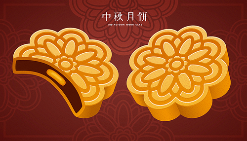 Mooncake festival with traditional pastry mooncake, Mid autumn holiday written in Chinese words