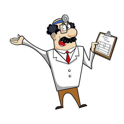 Vector illustration of a cartoon doctor with a medical chart clipboard.