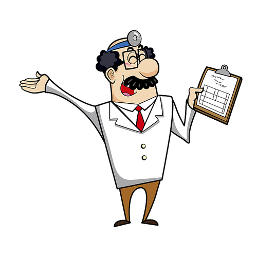 Vector illustration of a cartoon doctor with a medical chart clipboard.