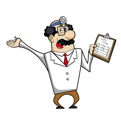 Vector illustration of a cartoon doctor with a medical chart clipboard.