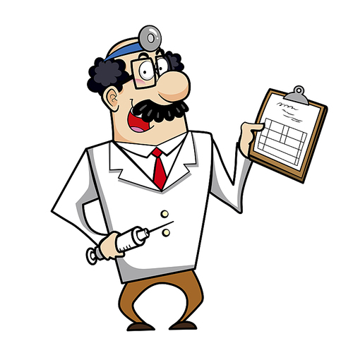 Vector illustration of a cartoon doctor with a syringe and medical chart clipboard.