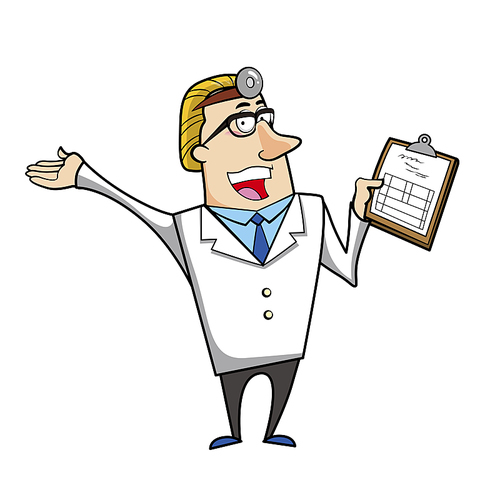 Vector illustration of a cartoon doctor with a medical chart clipboard.