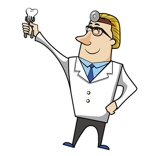 Vector illustration of a cartoon dentist doctor with a tooth in clamps.