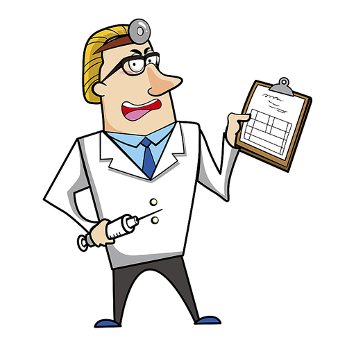 Vector illustration of a cartoon doctor with a syringe and medical chart clipboard.