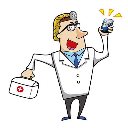 Vector illustration of a cartoon doctor with a first aid kit medical bag and mobile cell phone.