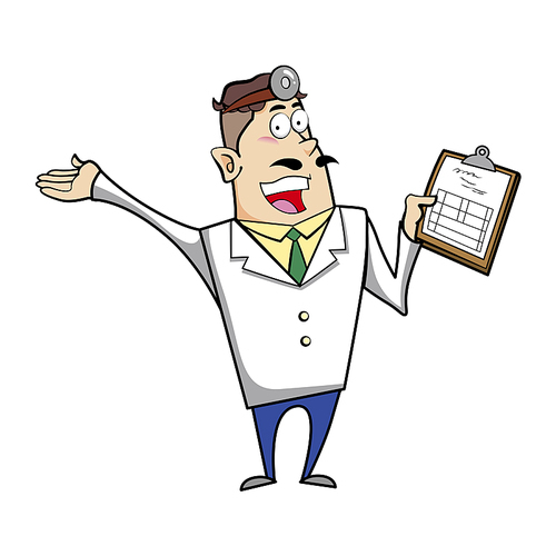 Vector illustration of a cartoon doctor with a medical chart clipboard.