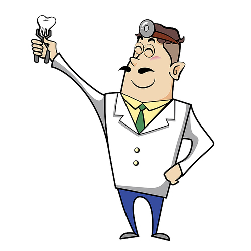 Vector illustration of a cartoon dentist doctor with a tooth in clamps.