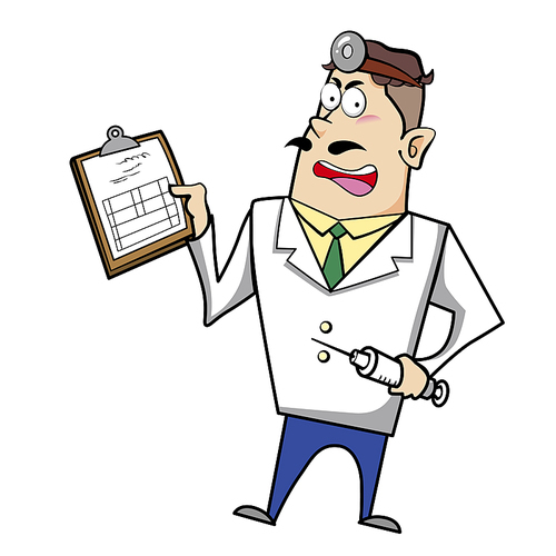 Vector illustration of a cartoon doctor with a syringe and medical chart clipboard.