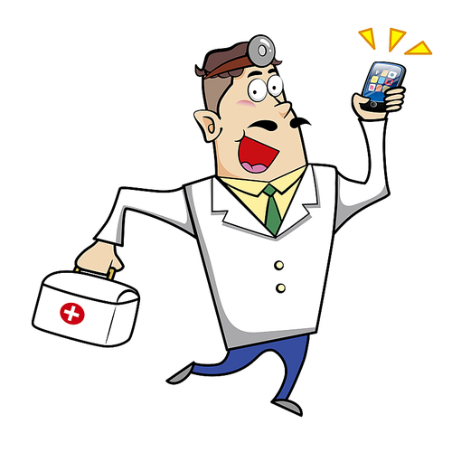 Vector illustration of a cartoon doctor with a first aid kit medical bag and mobile cell phone.