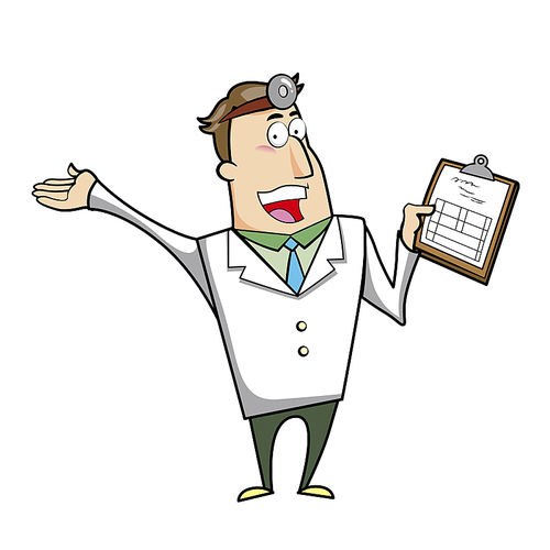 Vector illustration of a cartoon doctor with a medical chart clipboard.