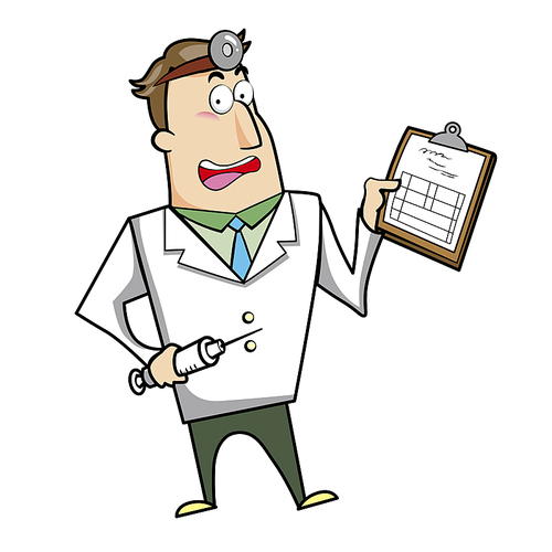 Vector illustration of a cartoon doctor with a syringe and medical chart clipboard.