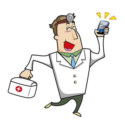 Vector illustration of a cartoon doctor with a first aid kit medical bag and mobile cell phone.