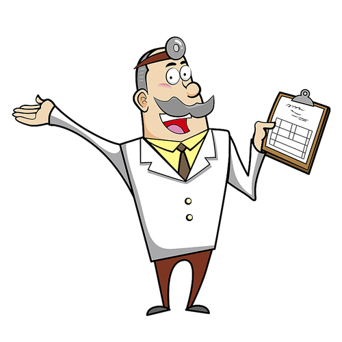 Vector illustration of a cartoon doctor with a medical chart clipboard.