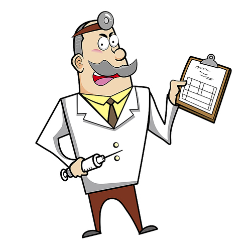 Vector illustration of a cartoon doctor with a syringe and medical chart clipboard.