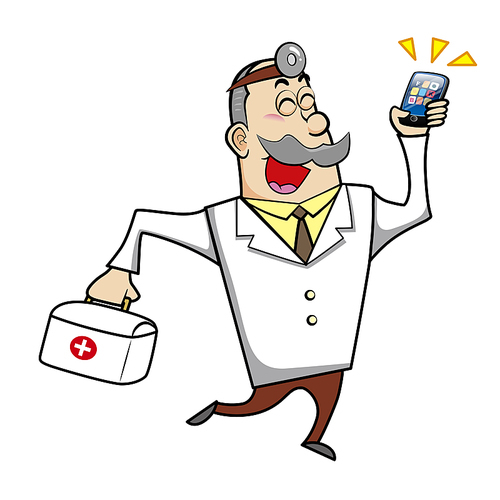 Vector illustration of a cartoon doctor with a first aid kit medical bag and mobile cell phone.