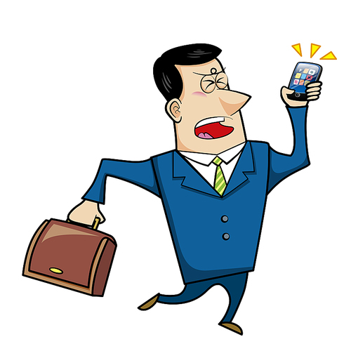 Vector illustration of a cartoon businessman with a briefcase and cell phone.