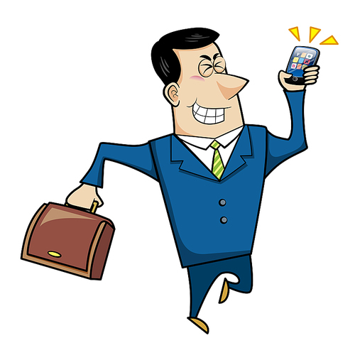 Vector illustration of a cartoon businessman with a briefcase and cell phone.