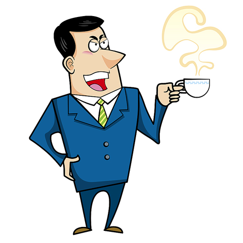 Vector illustration of a cartoon businessman with a coffee cup.