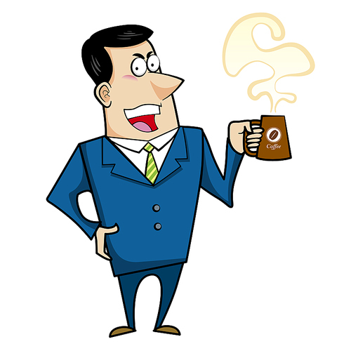 Vector illustration of a cartoon businessman with a coffee mug.