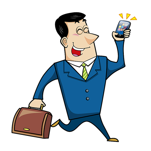 Vector illustration of a cartoon businessman with a briefcase and cell phone.