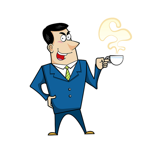 Vector illustration of a cartoon businessman with a coffee cup.