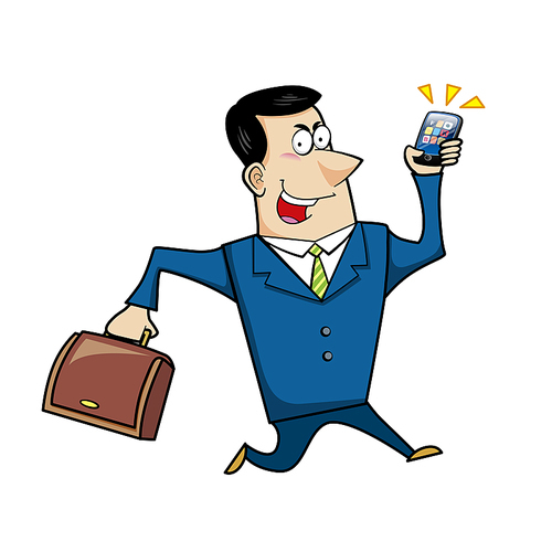 Vector illustration of a cartoon businessman with a briefcase and cell phone.