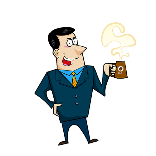 Vector illustration of a cartoon businessman with a coffee mug.