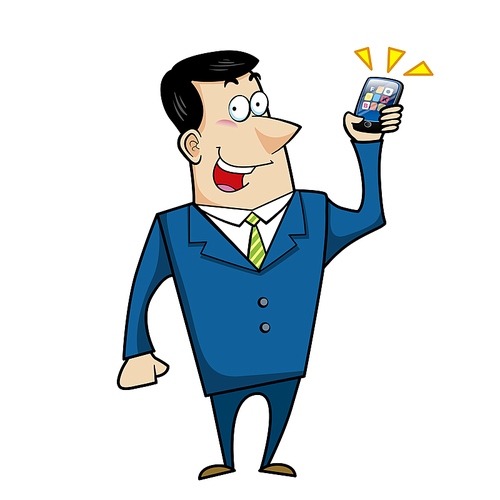 Vector illustration of a cartoon businessman with a cell phone.