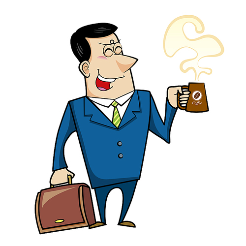 Vector illustration of a cartoon businessman with a coffee mug.