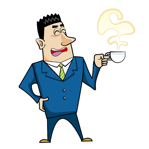 Vector illustration of a cartoon businessman with a coffee cup.