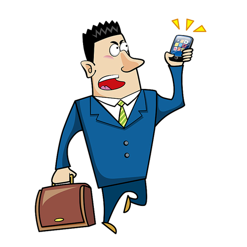 Vector illustration of a cartoon businessman with a briefcase and cell phone.