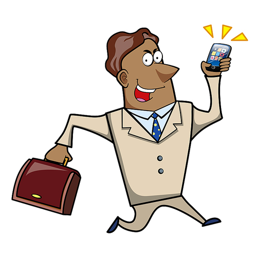 Vector illustration of a cartoon businessman with a briefcase and cell phone.