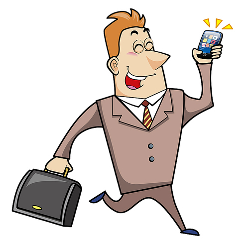 Vector illustration of a cartoon businessman with a briefcase and cell phone.