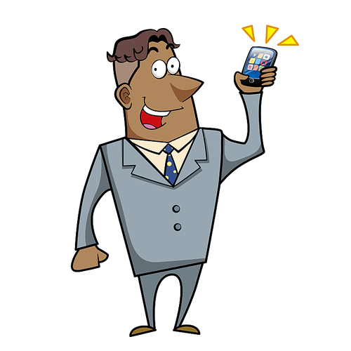 Vector illustration of a cartoon businessman with a cell phone.